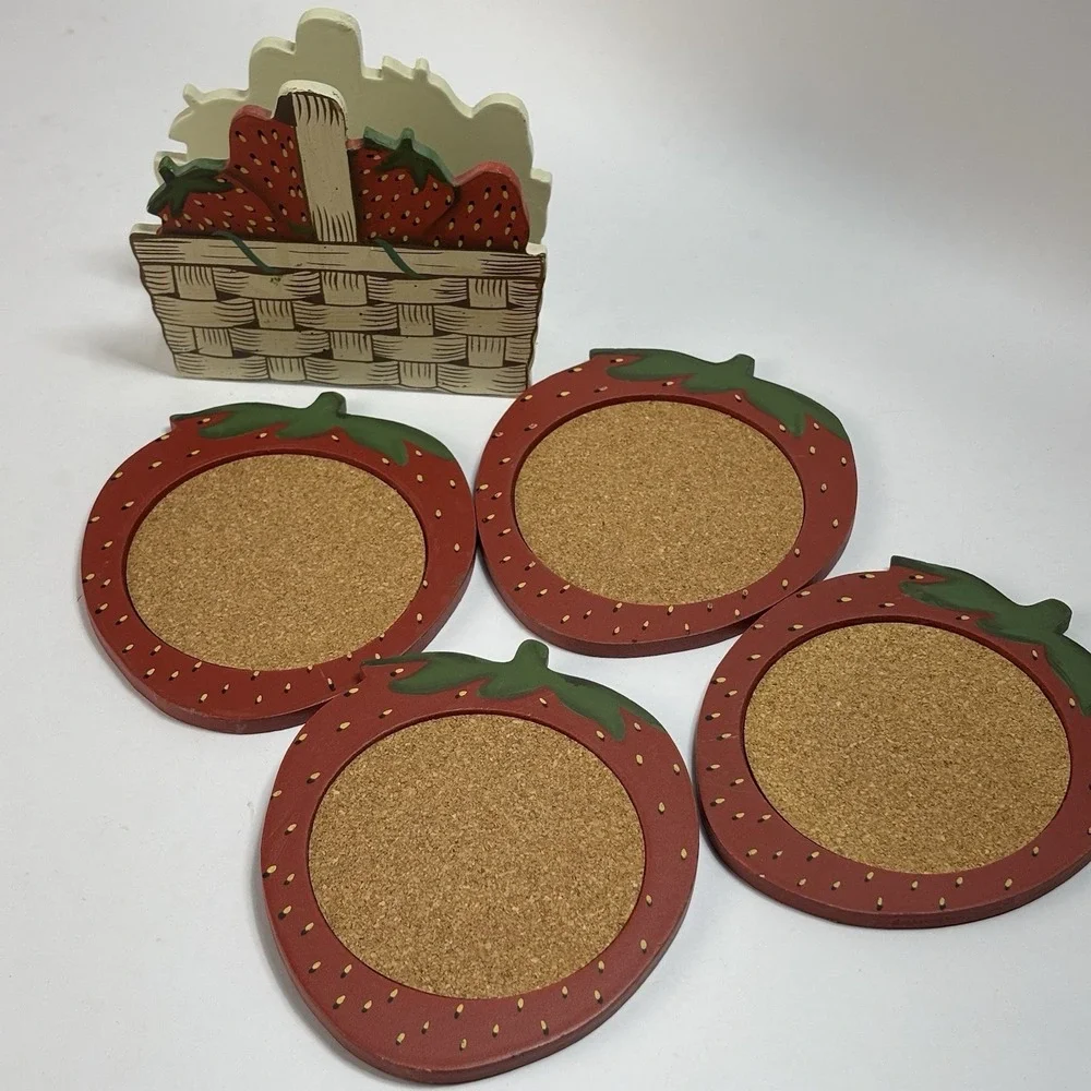 Vintage Wooden Strawberry Cork Coasters In Basket (4) Cottage Core Farmhouse